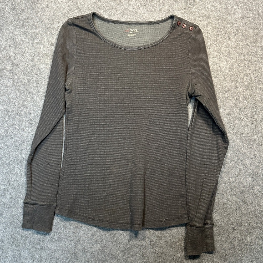 BCG Waffle Knit Thermal Shirt Medium Grey Long Sleeve Button Detail